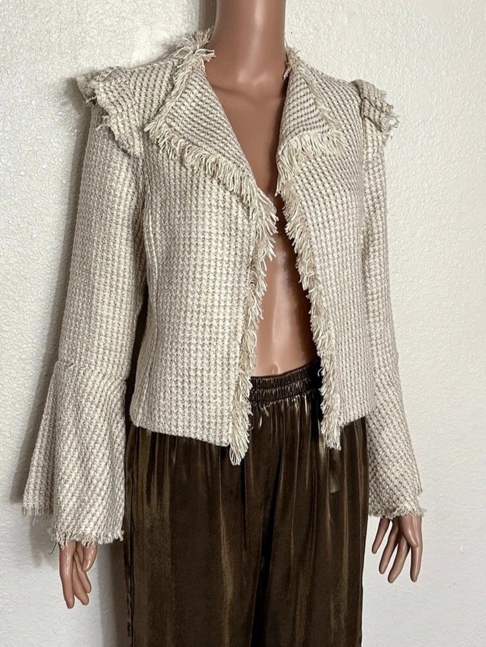 INC Cream Metallic Tweed Fringe Bell Sleeve Jacket Small NWT